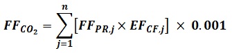 FF sub CO2 equals summation of n, where j equals 1 open bracket FF sub PR,j times EC sub CF,j close bracket times 0.001.