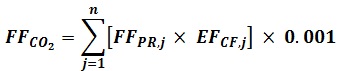 FF sub CO2 equals summation of n, where j equals 1 open bracket FF sub PR,j times EF sub CF,j close bracket times 0.001.