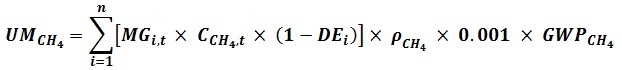 UM sub CH4 equals summation of n, where t equals 1 opsn bracket MG sub i,t times C sub CH4 times open parentheses 1 minus DE sub i close parentheses close bracket times rho sub CH4 times 0.001 times GWP sub CH4.