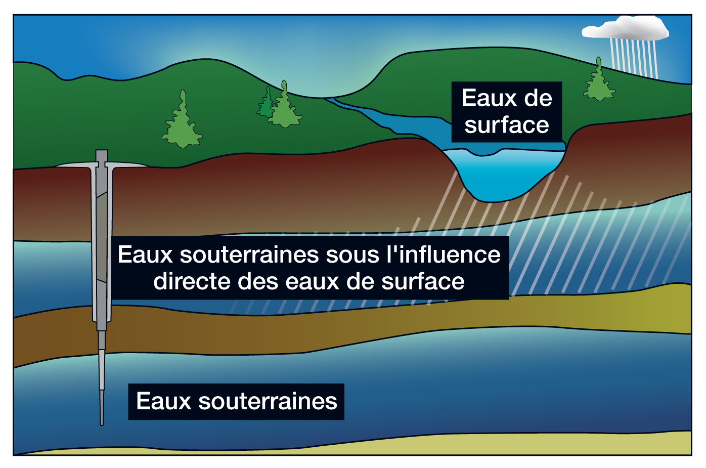 Une illustration qui présente trois types différents de sources d’eau : l’eau de surface, les eaux souterraines sous l’influence directe des eaux de surface et les eaux souterraines.