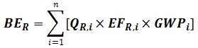 BE sub R equals summation of n where i equals 1 open bracket Q sub R,i times EF sub R,i times GWP sub i close bracket.