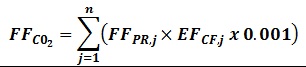 FF sub CO2 equals summation of n, where j equals 1 open parentheses FF sub PR, j times EF sub CF, j times 0.001 close parentheses.