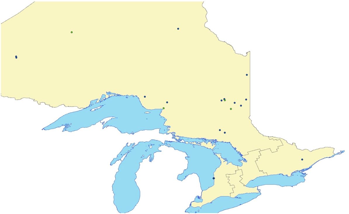 The map of Ontario indicates that mining and quarrying facilities reporting under the Toxics Reduction Act in 2015 are mostly located in northern Ontario, except for one in western Ontario and one in eastern Ontario.