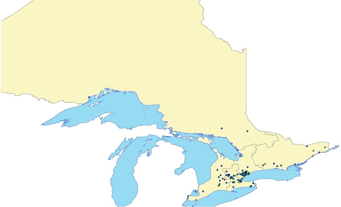 The Ontario map shows that food manufacturing facilities reporting under the Toxics Reduction Act in 2015 are mostly located in central and southern Ontario, with a few located in eastern Ontario.