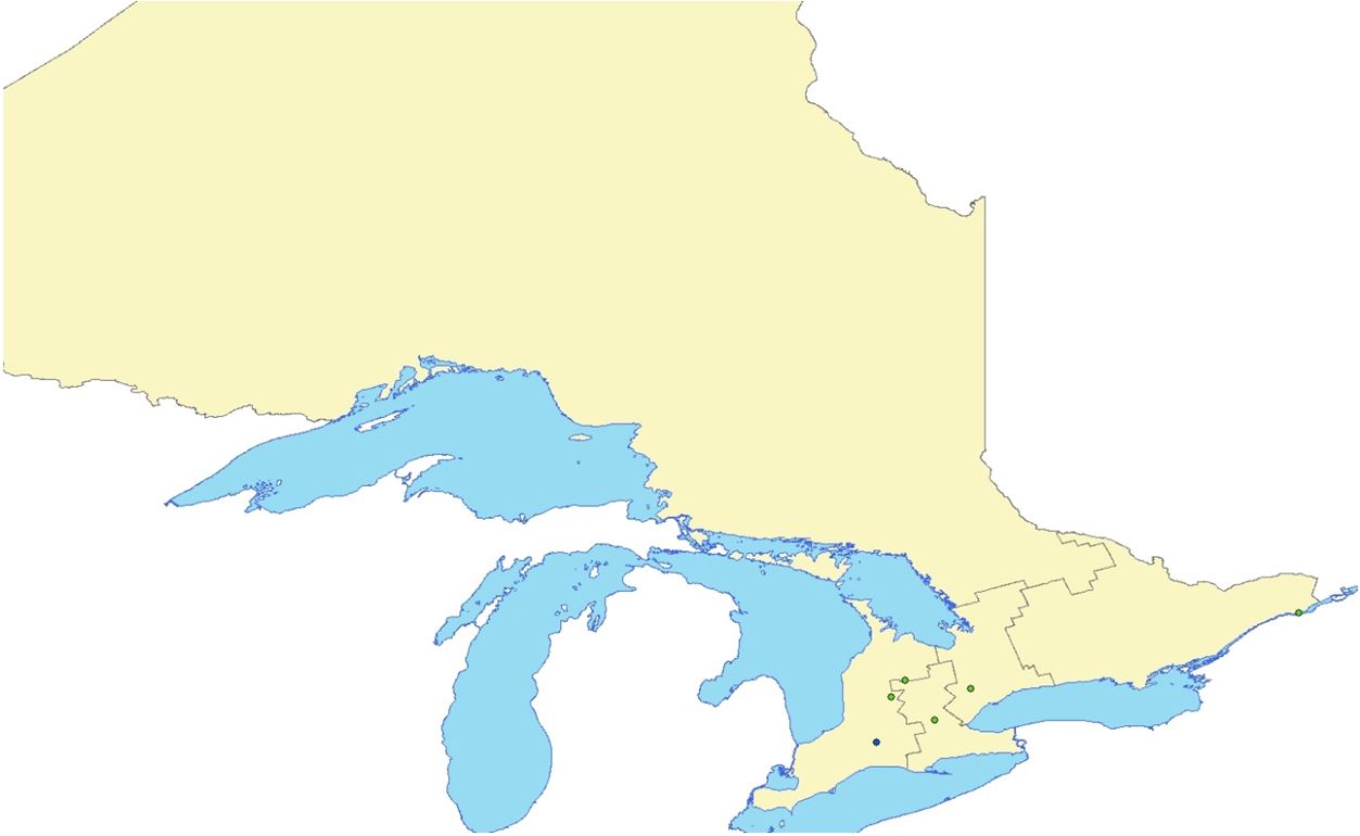 The Ontario map shows that the textile mills reporting under the Toxics Reduction Act in 2015 are located in central and southern and western Ontario.