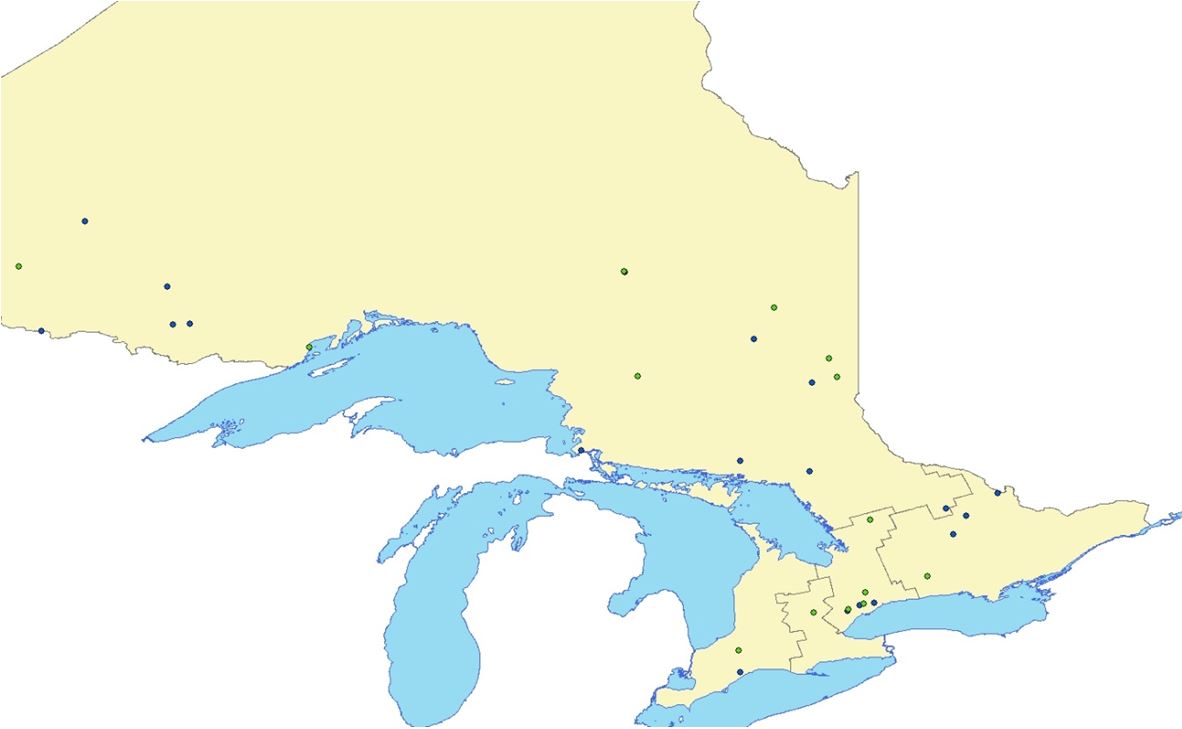 The Ontario map shows that wood product manufacturing facilities reporting under the Toxics Reduction Act, in 2015, are located all across Ontario, with the majority in northern Ontario.
