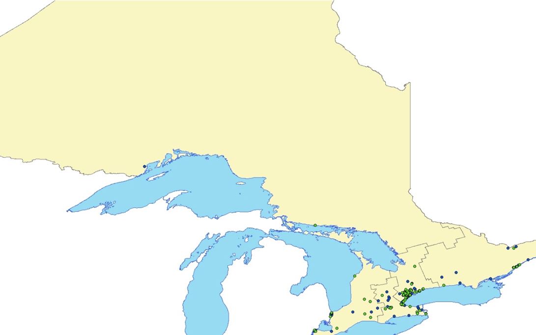 The Ontario map shows that chemical manufacturing facilities reporting under the Toxics Reduction Act in 2015 are clustered mostly in central and southern Ontario, and spread out in western Ontario.  A few facilities are scattered in eastern and northern Ontario.