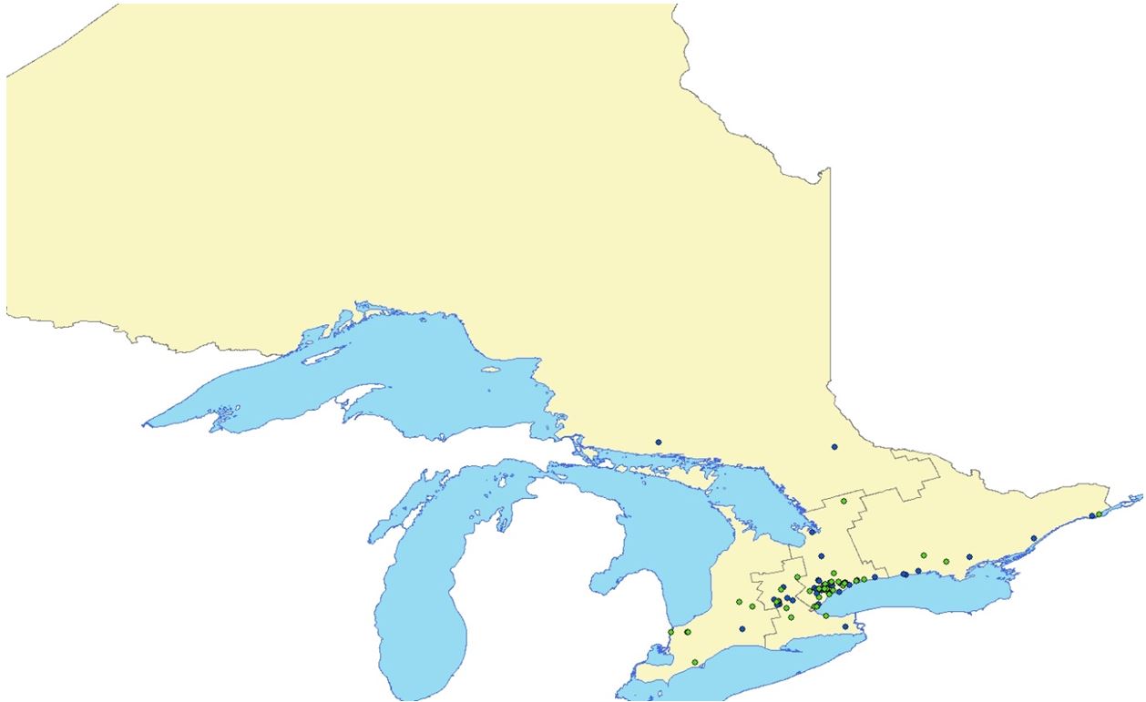 The Ontario map shows that plastics and rubber products manufacturing facilities reporting under the Toxics Reduction Act in 2015 are mostly clustered in central Ontario, with some facilities scattered throughout the rest of the province as well.