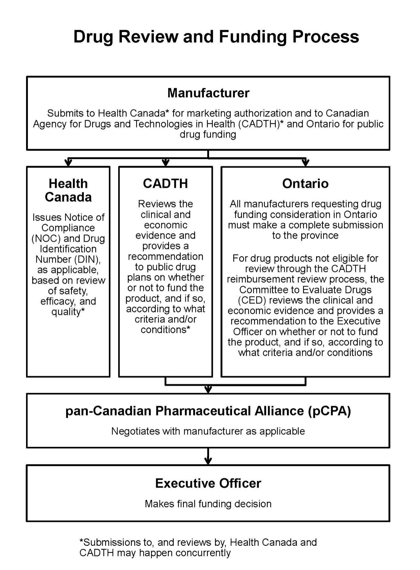 A flow chart describing the steps of the drug funding and review process.