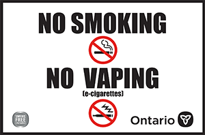 Illustration of a black cigarette with smoke coming out of it in a red circle with a line through it. Branded with Ontario and Smoke-Free Ontario logos.