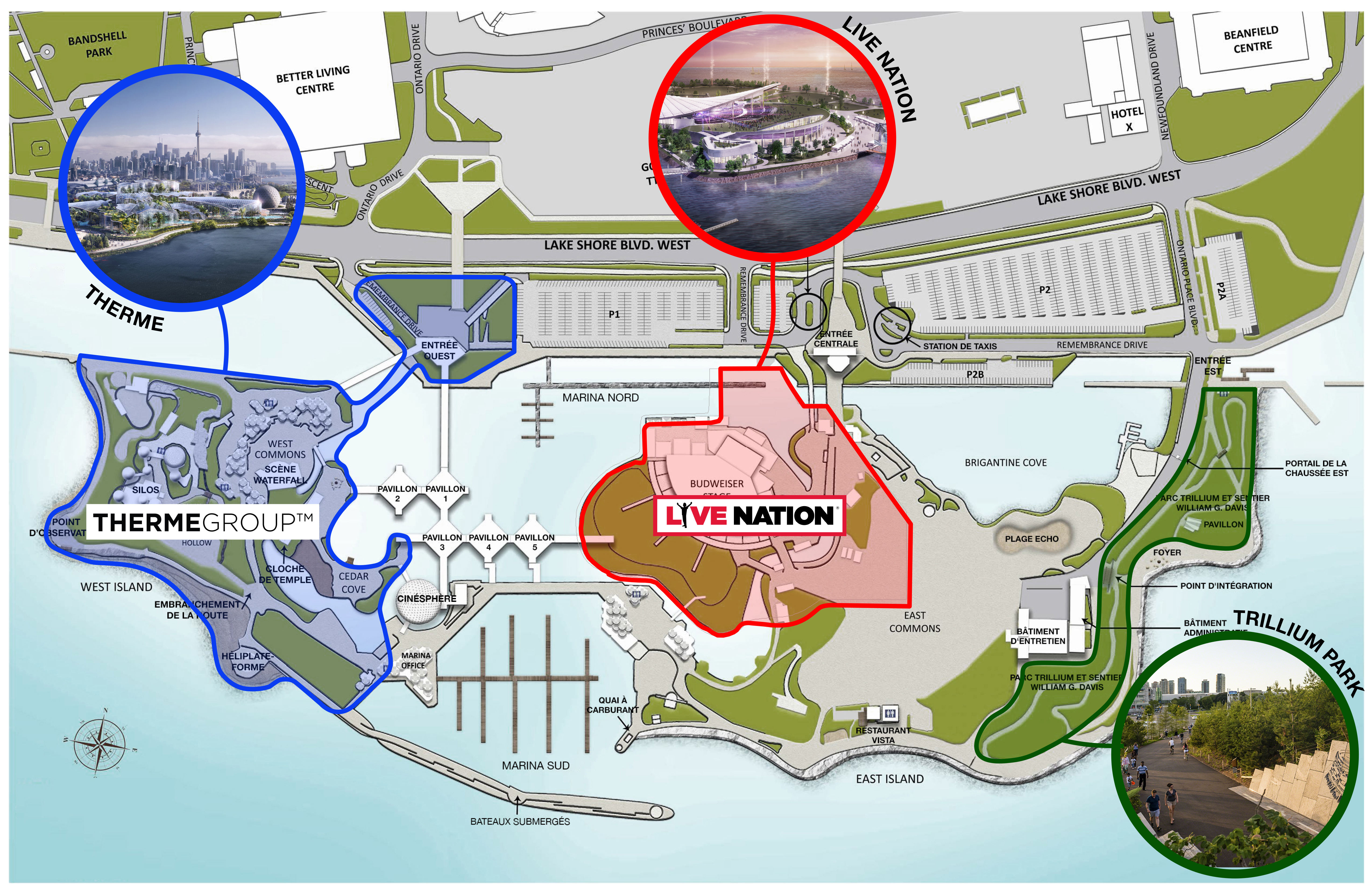 Map of the Ontario Place showing the tenanted areas. Live Nation is on the east island and Therme Group on the west island. The map also shows Trillium Park on the east edge of the east island.
