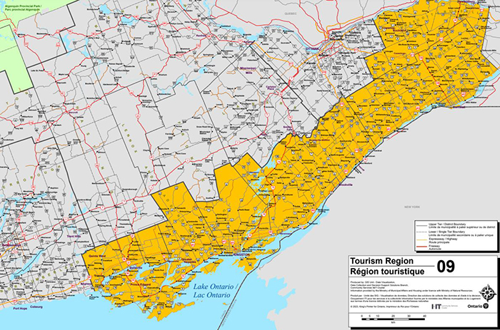 Map of South Eastern Ontario Tourism Region.