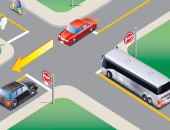 Diagram showing how to yield the right-of-way in a bus