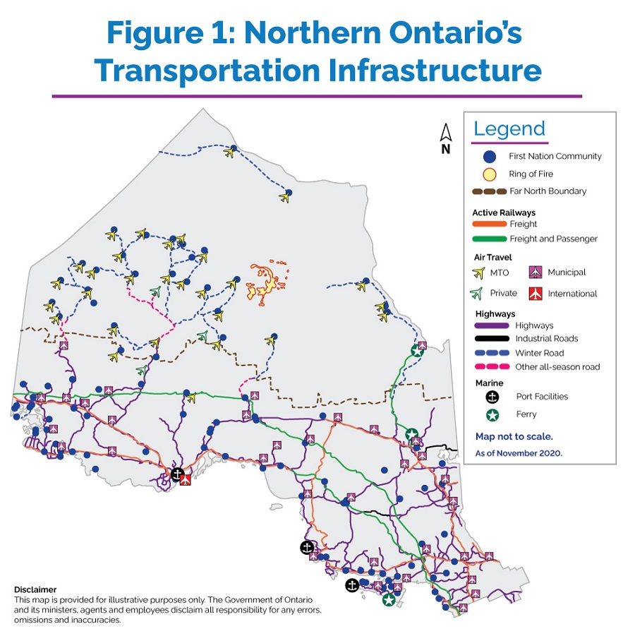 Map of Northern Ontario’s transportation infrastructure depicting active railways, airport locations, highways, and marine ports. The map shows locations of First Nation communities. It also includes the location of the Ring of Fire.