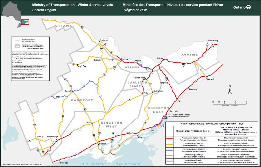 Carte de la région de l’Est montrant les niveaux de service en place sur les routes.