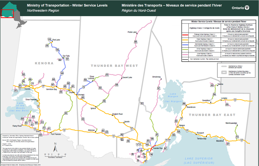 Carte de la région du Nord-Ouest montrant les niveaux de service en place sur les routes.