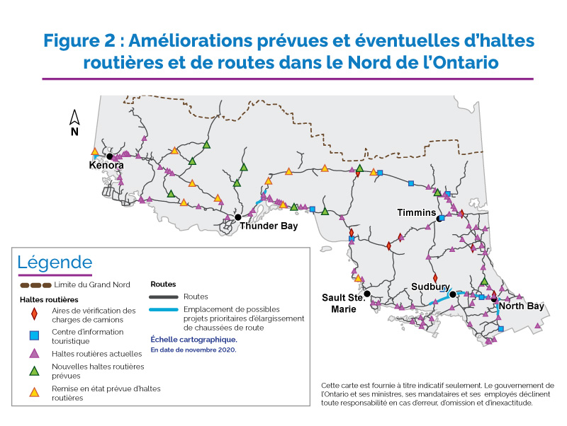 Carte des services de transport de passagers du Nord de l’Ontario, qui indique les itinéraires d’autobus par exploitant, les chemins de fer en activité et les arrêts d’autobus par exploitant. L’emplacement de communautés de Premières Nations y est également indiqué. 