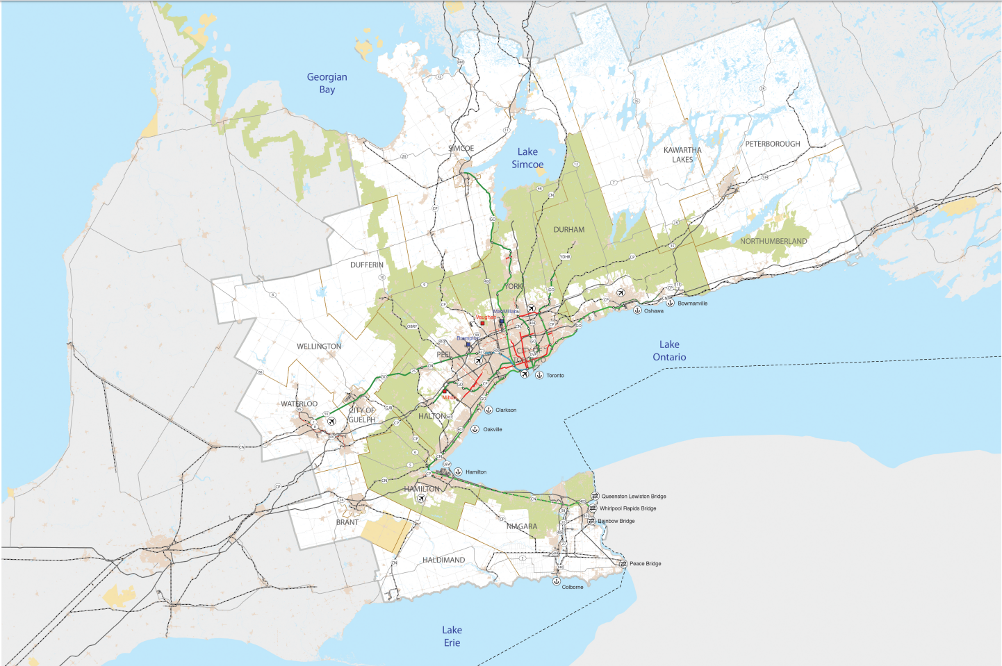 Regional map showing key components of the current Greater Golden Horseshoe transportation network.