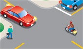 Illustration of car turning left in front of rider on motorcycle