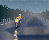 Illustration d'un motocycliste conduisant sous la pluie.