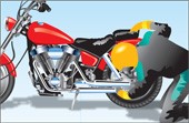 Illustration d'un motocycliste vérifiant sa motocyclette afin de s'assurer que tout est en bon état de marche.