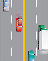a four-lane highway with double solid yellow lines for opposing traffic and white broken lines for same-way traffic