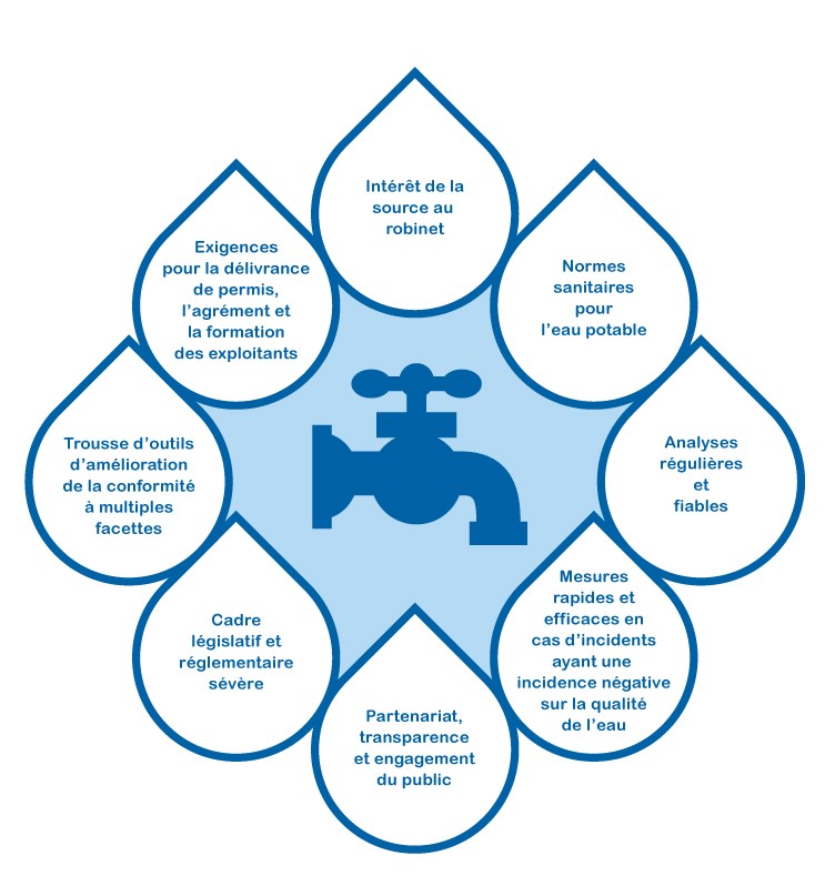 Schéma illustrant les éléments du filet de sécurité de l’eau potable en Ontario. Les huit éléments forment un cercle afin de montrer qu’ils fonctionnent en synergie pour protéger l’eau potable, de la source au robinet. Voici les éléments : Intérêt de la source au robinet; Cadre législatif et réglementaire sévère; Normes sanitaires réglementées pour l’eau potable; Analyses régulières et fiables; Mesures rapides et strictes lors de résultats d’analyse insatisfaisants; Exigences pour la délivrance de permis, l’agrément et la formation des exploitants; Trousse à multiples facettes d’amélioration de la conformité; Partenariat, transparence et engagement public