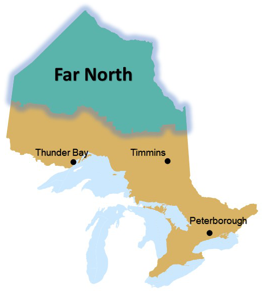 map of Far North region relative to the rest of Ontario. To represent the remote nature of the Far North of Ontario, the Northern Ontario cities of Timmins and Thunder Bay are marked on the map, as well as the more southern city of Peterborough.