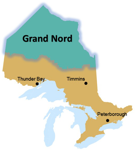 carte de la région du Grand Nord par rapport au reste de l'Ontario. Pour représenter la nature éloignée du Grand Nord de l'Ontario, les villes du nord de l'Ontario de Timmins et de Thunder Bay sont indiquées sur la carte, ainsi que la ville plus au sud de Peterborough.