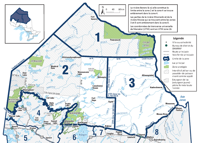 Les zones 1, 2 et 3 comprennent la plus grande partie du Nord de l’Ontario, de la frontière du Manitoba vers l’est jusqu’à la baie James.