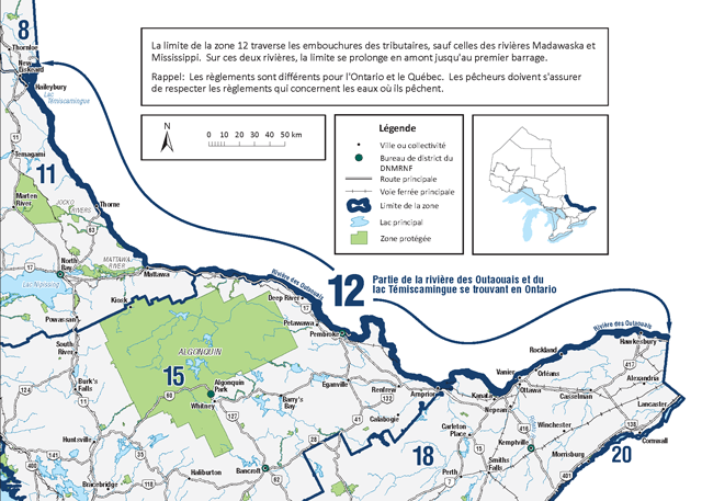 La zone 12 comprend le lac Témiscamingue et la rivière des Outaouais, y compris les rivières Madawaska et Mississippi jusqu’au premier barrage.