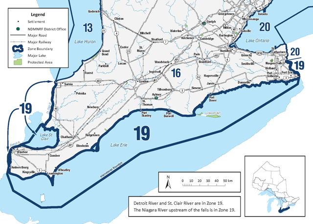 Zone 19 consists of Lake Erie including Lake St. Clair and the St. Clair, Detroit and Upper Niagara Rivers.