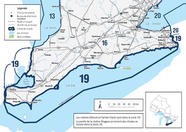La zone 19 se compose du lac Érié, y compris le lac Sainte- Claire et les rivières Sainte-Claire, Detroit et Niagara (partie supérieure).
