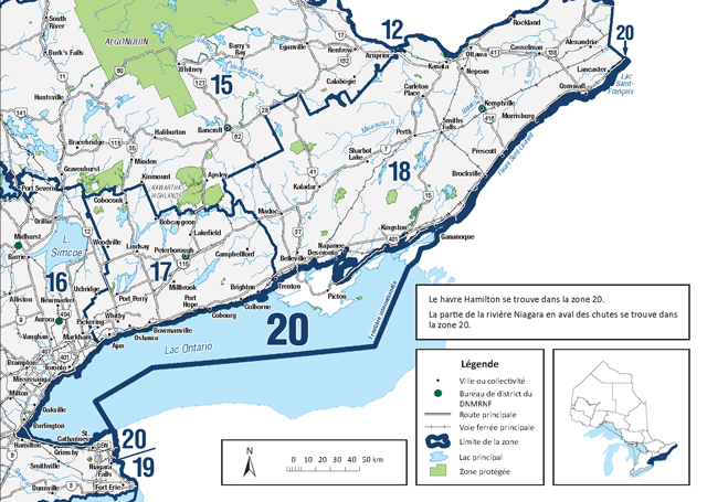 La zone 20 se compose du lac Ontario, y compris la baie de Quinte, la partie supérieure de la rivière Niagara, le port d’Hamilton et le fleuve Saint-Laurent.
