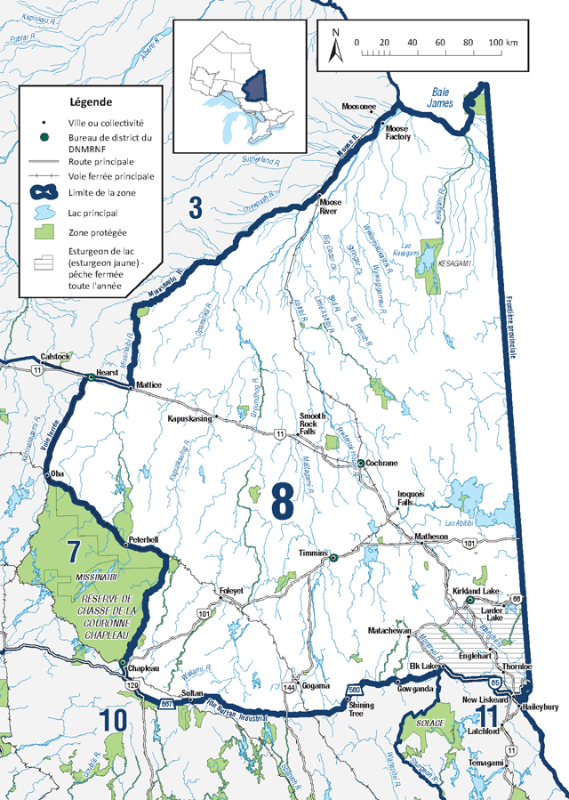 La zone 8 est située dans le Nord-Est de l’Ontario et comprend les villes de Cochrane, Timmins, Kirkland Lake, Kapuskasing et Gogama.