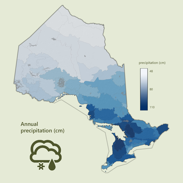 a map showing average annual precipitation in Ontario