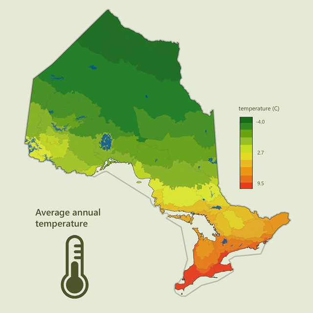 a map showing average annual temperature in Ontario