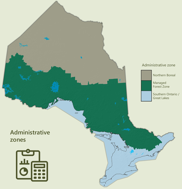 a map of the administrative zones utilized in this report including the northern boreal, managed forest zone and southern Ontario.