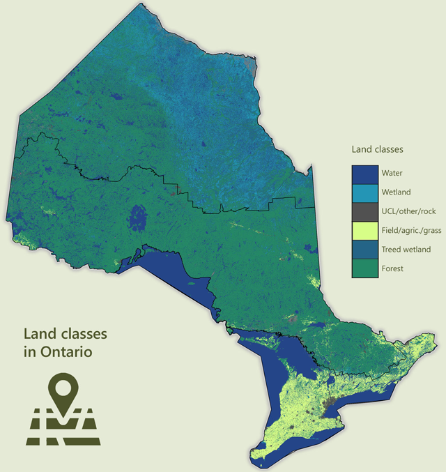 a map of Ontario showing land classes such as forest, wetland and water.