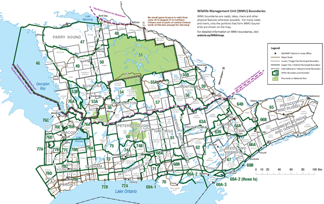 Wildlife Management Unit map of Southeastern Ontario.