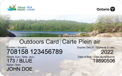 image of an Outdoors Card sample. The card contains a card number, an expiration date and information on the height, eye color, name and date of birth of the holder.
