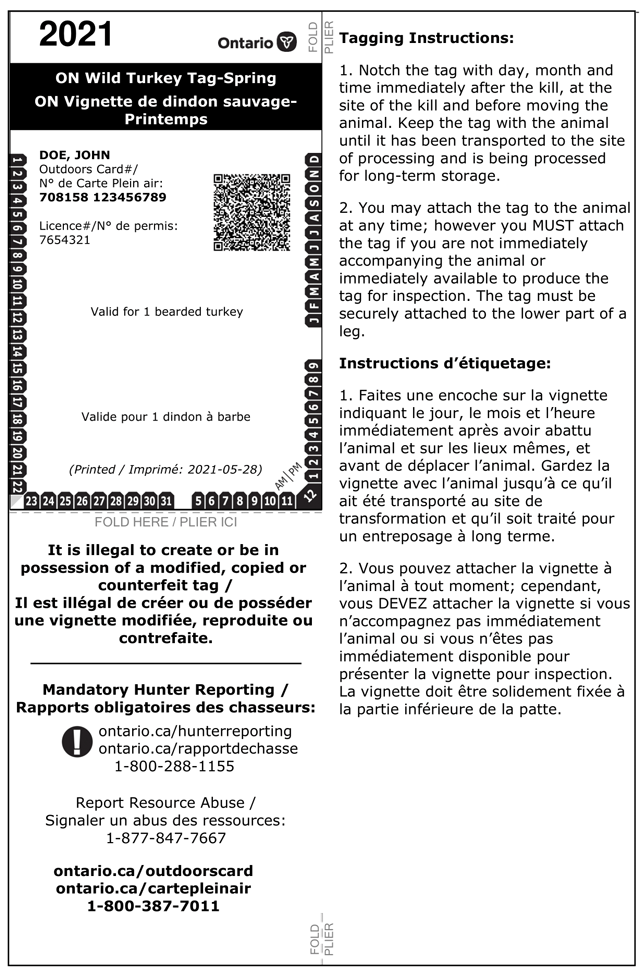 image of a sample tag. The tag contains a date, license and Outdoors Card number, indicates the type of tag, the contact details of the person holding it and contains instructions.