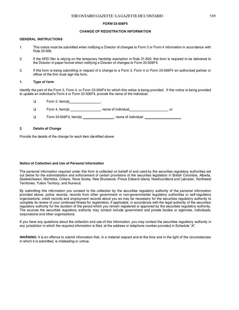 Photocopy of Ontario Securities Commission Rule 33-506 (Commodity Futures Act)