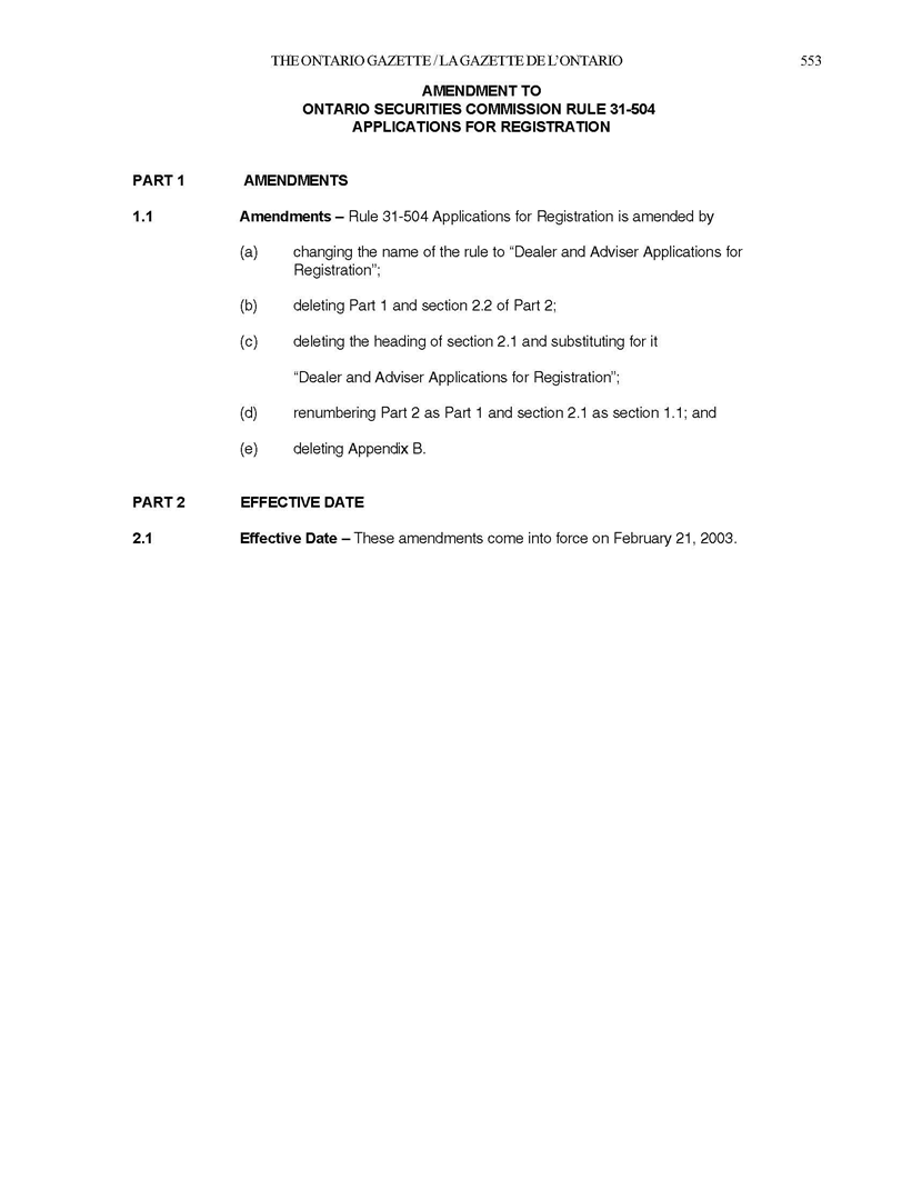 Photocopy of Amendment To Ontario Securities Commission Rule 31-504
