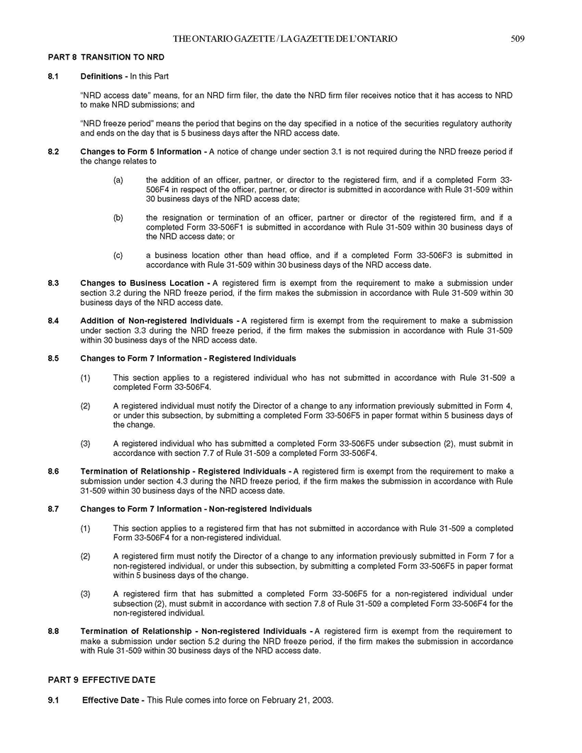 Photocopy of Ontario Securities Commission Rule 33-506 (Commodity Futures Act)