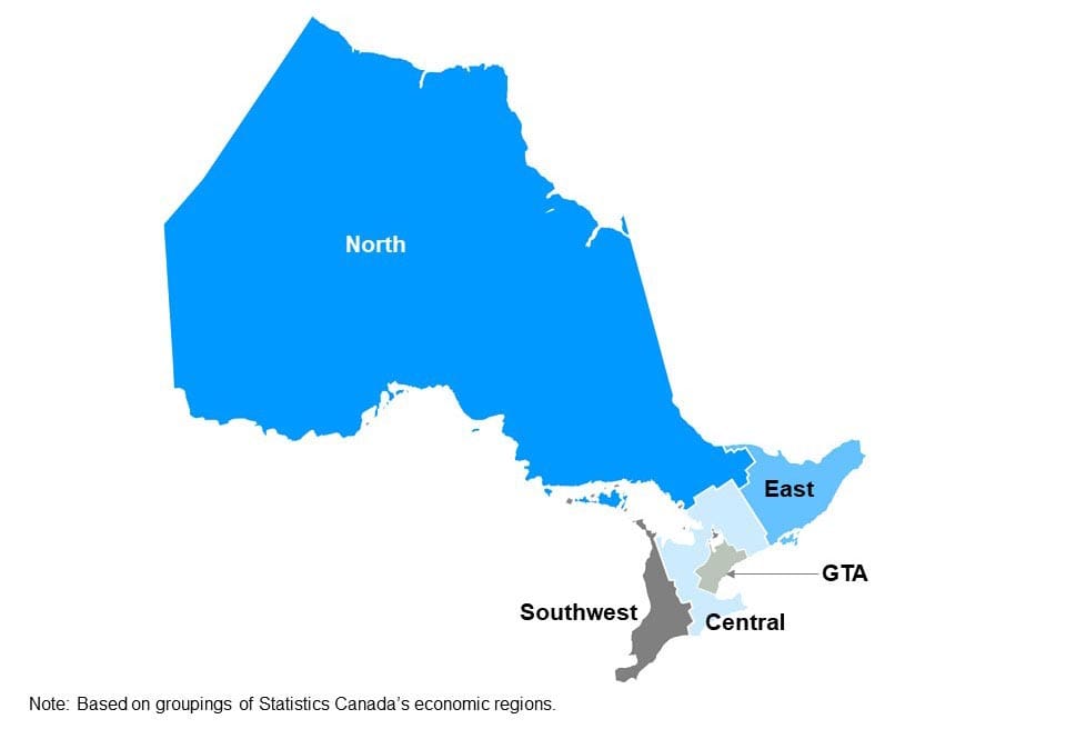 The map shows Ontario’s five regions: Northern Ontario, Eastern Ontario, Southwestern Ontario, Central Ontario and the Greater Toronto Area. This map is based on groupings of Statistics Canada’s economic regions.