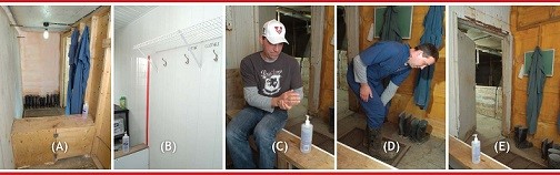 Series of 5 photos showing a Danish Entry System. From left to right. Photo A shows the entry to the barn. When entering the barn. Photo B shows an area with hooks for hanging up your clothes. Photo C shows person sitting on bench applying hand sanitizer. Photo D shows person putting on coveralls and boots. Photo E shows open barn door where person entered the barn.