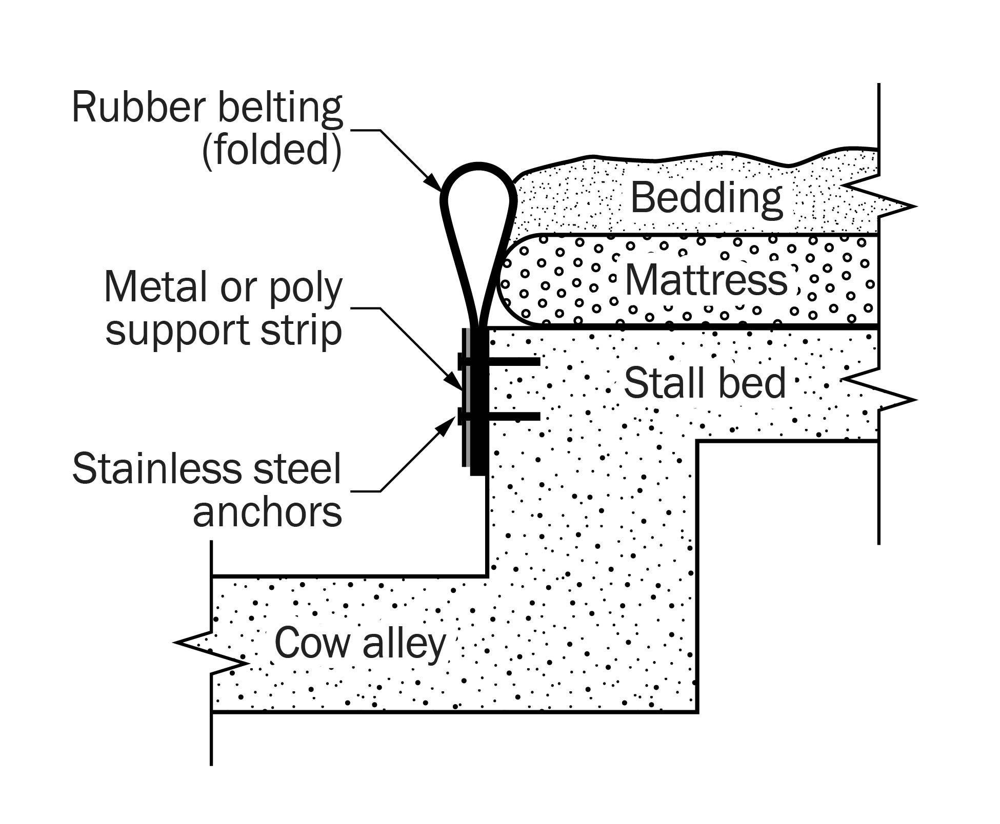 Graphic showing cross-section of bedding retainer. Bedding is at the top right, with the mattress below it above the stall bed. The cow alley is at the bottom left. On the left side of the bedding, mattress and stall bed is the folded rubber belting attached by a metal poly support strip with stainless steel anchors.
