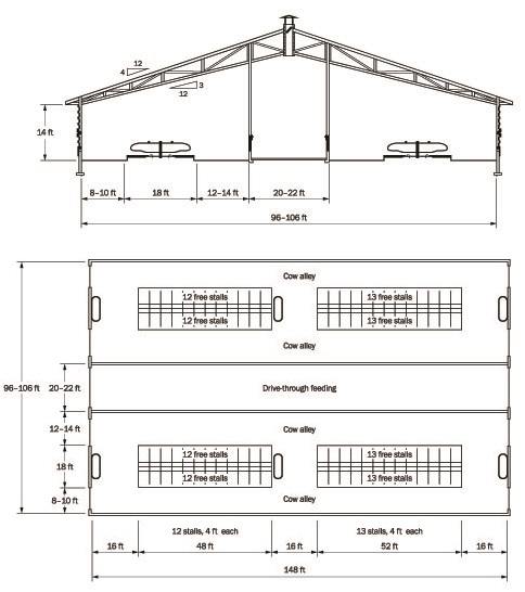 Detailed schematic of a 4-row head-to-head dairy barn layout.