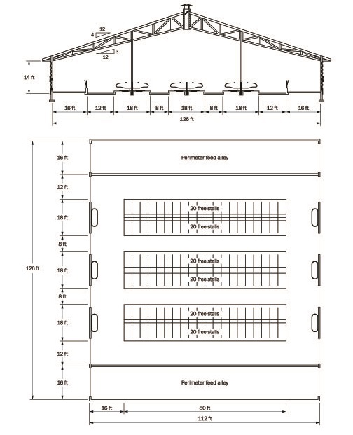 Detailed schematic of a 6-row free-stall barn with perimeter feeding.